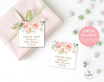 Blush Pink Floral Baby Shower Square Favor Tags, Printable 2x2 Favor Tags for Birthday, Editable Text, Girl, MCP820, MCP821, MCP830, CJB