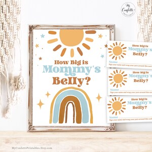 How Big is Mommy's Belly Sign and Card, Printable Game Cards and Sign, Sunshine, Rainbow, Retro, Sun, Blue, Boho, Boy Baby Shower, MCP101