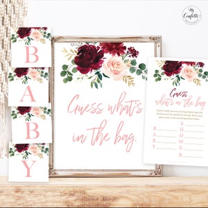 Guess What&#39;s in the Bag Baby Shower Game, Printable Baby Shower Game Sign, Girl, Boho, Burgundy Pink Floral, MCP816