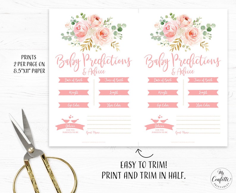 Baby Shower Game, Printable Baby Predictions & Advice Game, Pink Blush Floral, Gold, Girl Baby Shower Party Games, MCP820 image 2