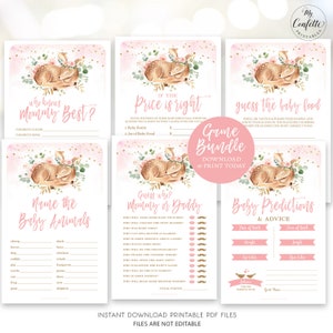 Baby Shower Game BUNDLE, Six Printable Baby Shower Games, Baby Deer, Girl Baby Shower, Pink, MCP838