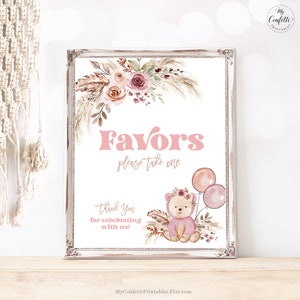 Favors Sign, Printable Baby Shower Favors Sign, Boho Bear, Teddy Bear, Pampas, Pink, Beige, Tan, Girl Baby Shower, Baby Sprinkle, MCP109