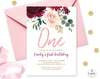 Baby's First Birthday Invitation, Editable Baby Girl 1st Birthday Invitation Template, Printable, One, Pink Burgundy Floral, MCP817, CJB