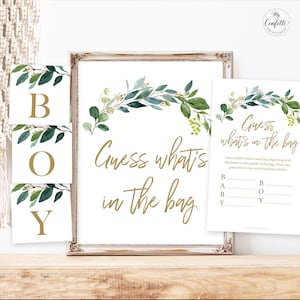 Guess What&#39;s in the Bag Printable Baby Shower Game Sign, Greenery, Neutral, Greenery Baby Shower Game, Baby Boy, MCP813, MCP814