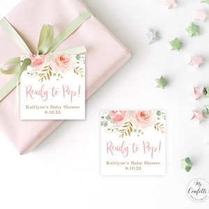Ready to Pop! Favor Tags, Printable 2x2 Favor Tags, Baby Shower, Editable, Girl Baby Shower, Blush Pink Floral, MCP820, CJB