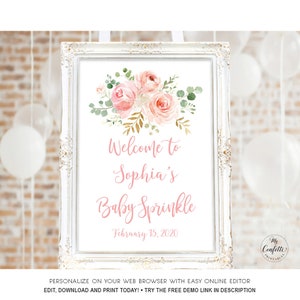Blush Pink Floral Baby Sprinkle Welcome Sign, Printable Large Baby Sprinkle Welcome Sign Template, Editable Name and Date, Girl, MCP820, CJB