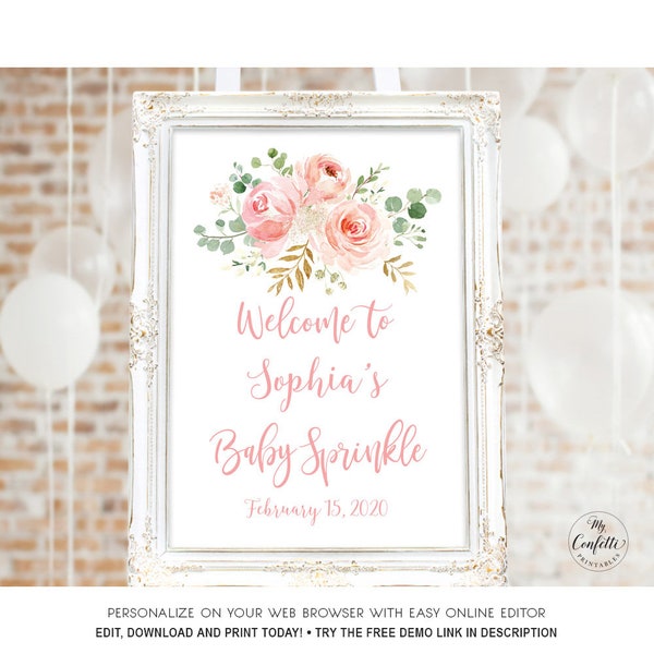 Blush Pink Floral Baby Sprinkle Welcome Sign, Printable Large Baby Sprinkle Welcome Sign Template, Editable Name and Date, Girl, MCP820, CJB