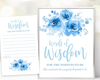 Words of Wisdom, Advice for Parents-To-Be Sign & Note Cards, Printable, Boy Baby Shower, Blue Floral, MCP93