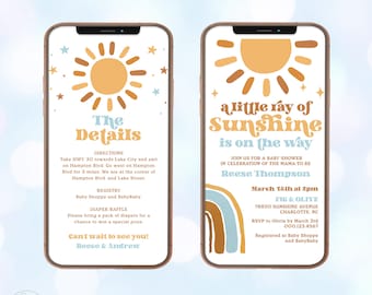 A Little Ray of Sunshine Digital Baby Shower Invitation Template, Electronic, Textable, Rainbow, Sun, Boho, Terracotta, Boy, MCP101, CJB
