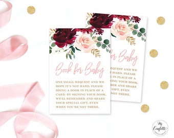 Burgundy Pink Floral Book for Baby Insert Card, Editable Books for Baby Card, Girl, Gold, Boho, MCP816, CJB