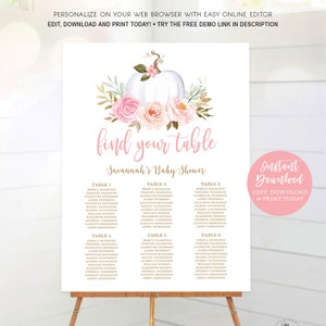 EDITABLE Pumpkin Seating Chart Sign, Printable Seating Chart Template for Baby Shower, Birthday, Girl, MCP826, MCP827, CJB