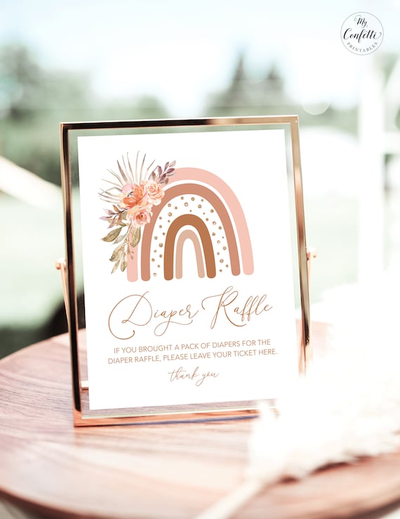 Diaper Raffle Sign, Printable Baby Shower Diaper Raffle Sign, Pink Boho Rainbow, Girl, Peachy Pink Rainbow, Floral, MCP103