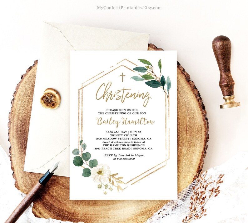 May include: A white card with gold geometric frame and green and white floral accents. The text reads "Christening" and includes the name "Bailey Hamilton" and details for a christening ceremony at Trinity Church in Sonoma, California.