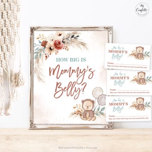 How Big is Mommy's Belly Game, Printable Baby Shower Game Sign and Cards, Boho, Teddy Bear, Pampas, Boy Baby Shower, MCP108