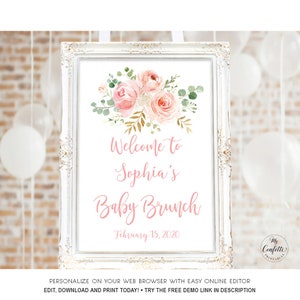 Blush Pink Floral Baby Brunch Welcome Sign, Printable Large Baby Shower Welcome Sign Template, Editable Name & Date, Boho, Girl, MCP820, CJB
