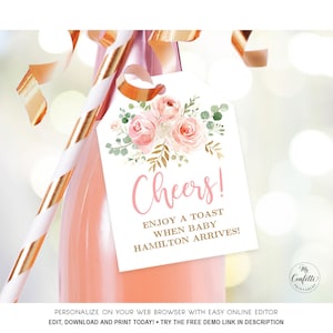 Blush Pink Floral Baby Shower Wine Tags, Printable Baby Shower Wine or Champagne Bottle Tag Template, Bubbly, Girl, Cheers, MCP820, CJB