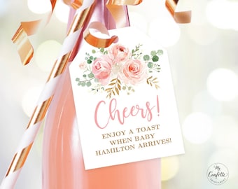 Blush Pink Floral Baby Shower Wine Tags, Printable Baby Shower Wine or Champagne Bottle Tag Template, Bubbly, Girl, Cheers, MCP820, CJB