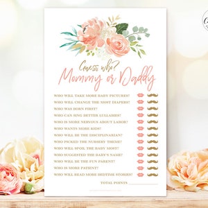 Baby Shower Game, Printable Guess Who? Mommy or Daddy Game, Peach Blush Floral, Gold, Girl Baby Shower Party Games, MCP808