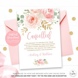 Cancelled Card Template, Printable Cancelled Card Template, Editable, Blush Pink Floral, MCP820, CJB