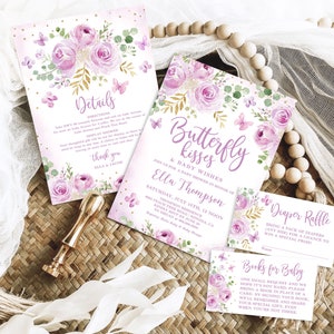 Editable Baby Shower Invitation Template Bundle, Butterfly Kisses & Baby Wishes, Printable, Lavender, Lilac, Purple, Floral, MCP104, CJB