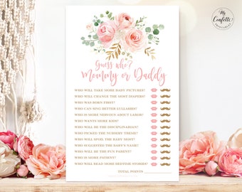 Guess Who? Mommy or Daddy Game, Printable Baby Shower Game, Blush Pink Floral, Gold, Girl Baby Shower Party Games, MCP820