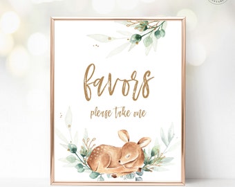 Baby Shower Favors Sign, Printable Favors Sign for Baby Shower or Birthday, Boy Baby Shower, Baby Deer, Greenery, MCP840