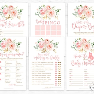 Blush Pink Floral Baby Shower Game BUNDLE, Six Printable Baby Shower Games, Baby Bingo, Guess Who, Baby Word Scramble Game, MCP820