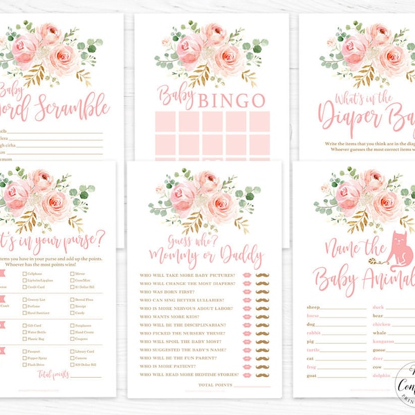 Blush Pink Floral Baby Shower Game BUNDLE, Six Printable Baby Shower Games, Baby Bingo, Guess Who, Baby Word Scramble Game, MCP820