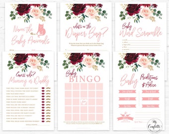 Pink Burgundy Floral Baby Shower Game BUNDLE, Six Printable Baby Shower Games, Baby Bingo, Guess Who, Baby Word Scramble Game, Boho, MCP816
