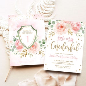 Puede incluir: Invitaci&oacute;n de primer cumplea&ntilde;os rosa y dorada con dise&ntilde;o floral. La invitaci&oacute;n dice "Little Miss Onederful" e incluye el texto "Por favor, &uacute;nase a nosotros para celebrar el primer cumplea&ntilde;os de Isabella".