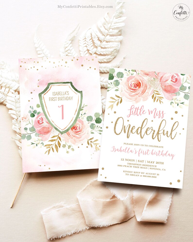 Puede incluir: Invitaci&oacute;n de primer cumplea&ntilde;os rosa y dorada con dise&ntilde;o floral. La invitaci&oacute;n dice "Little Miss Onederful" e incluye el texto "Por favor, &uacute;nase a nosotros para celebrar el primer cumplea&ntilde;os de Isabella".