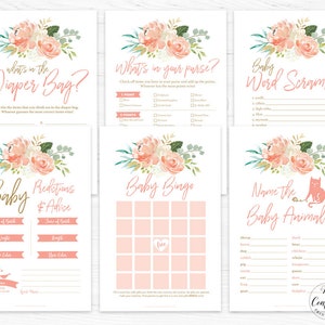 Peach Floral Baby Shower Game BUNDLE, Six Printable Baby Shower Games, Baby Bingo, Guess Who, Baby Word Scramble Game, MCP808