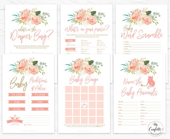 Guess Who Baby Bingo Pink Burgundy Floral Baby Shower Game BUNDLE Six Printable Baby Shower Games Baby Word Scramble Game Boho MCP816