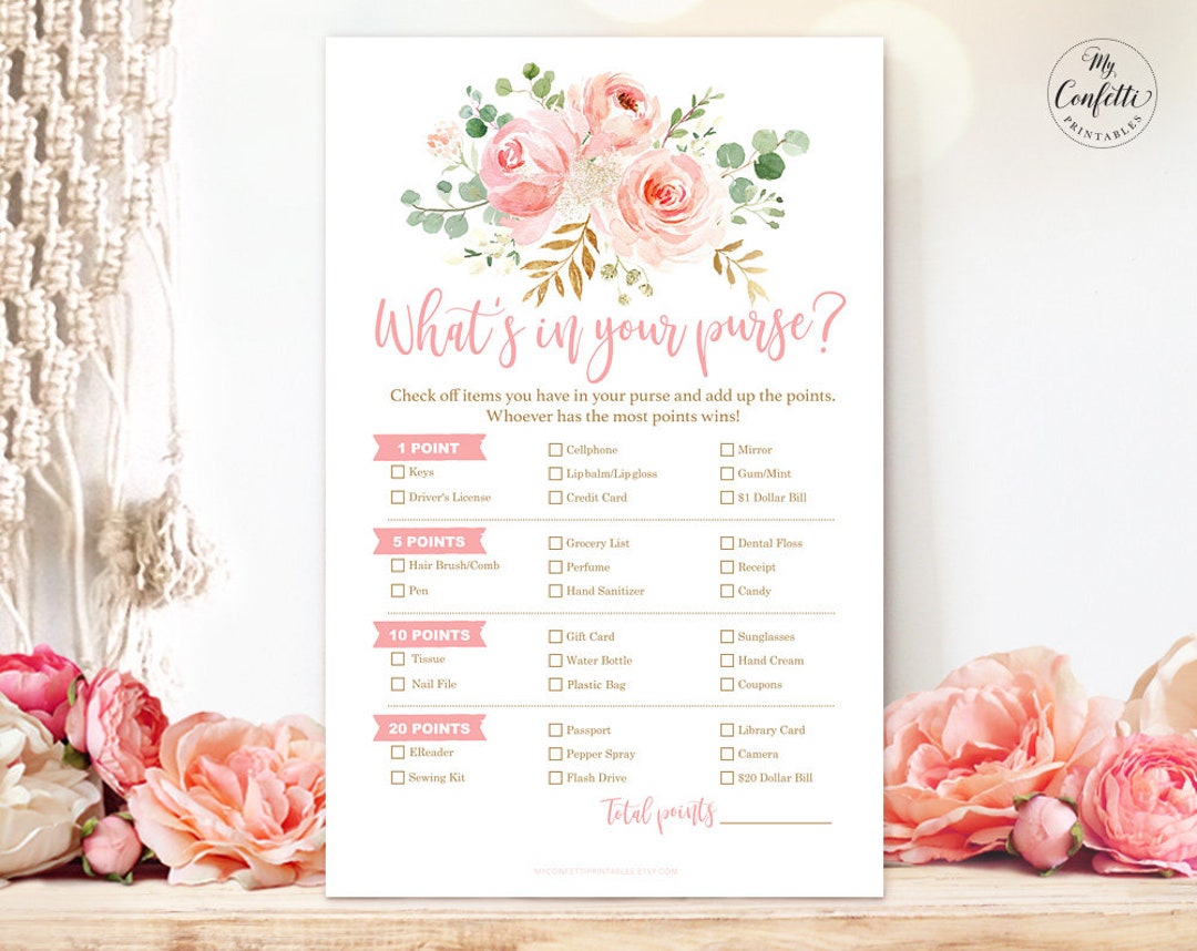 What's in Your Purse Game, Printable Baby Shower Game Cards, Blush Pink ...