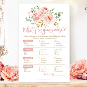 What's in Your Purse Game, Printable Baby Shower Game Cards, Blush Pink Floral, Gold, Girl Baby Shower Party Games, MCP820