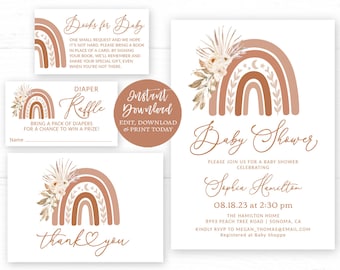 May include: A set of printable cards for a baby shower. The cards feature a boho rainbow design with a floral motif. The text on the cards reads "Books for Baby", "Diaper Raffle", "Instant Download", "Baby Shower", and "Thank You".