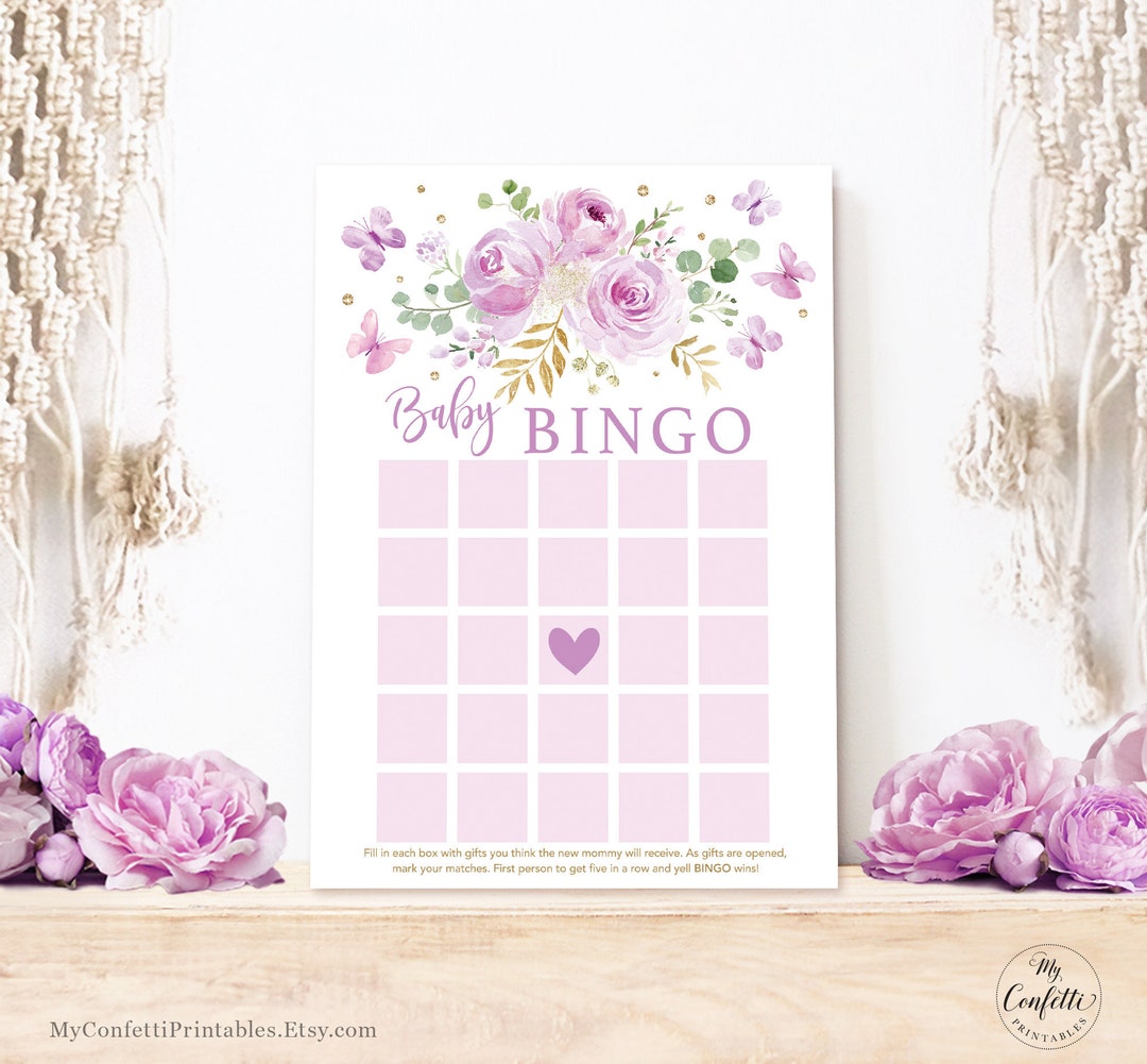 Printable Baby Bingo Game, Baby Shower Game, Lavender, Lilac, Purple ...