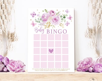 Printable Baby Bingo Game, Baby Shower Game, Lavender, Lilac, Purple, Butterflies, Butterfly, Floral, Boho, Girl, Download, MCP104