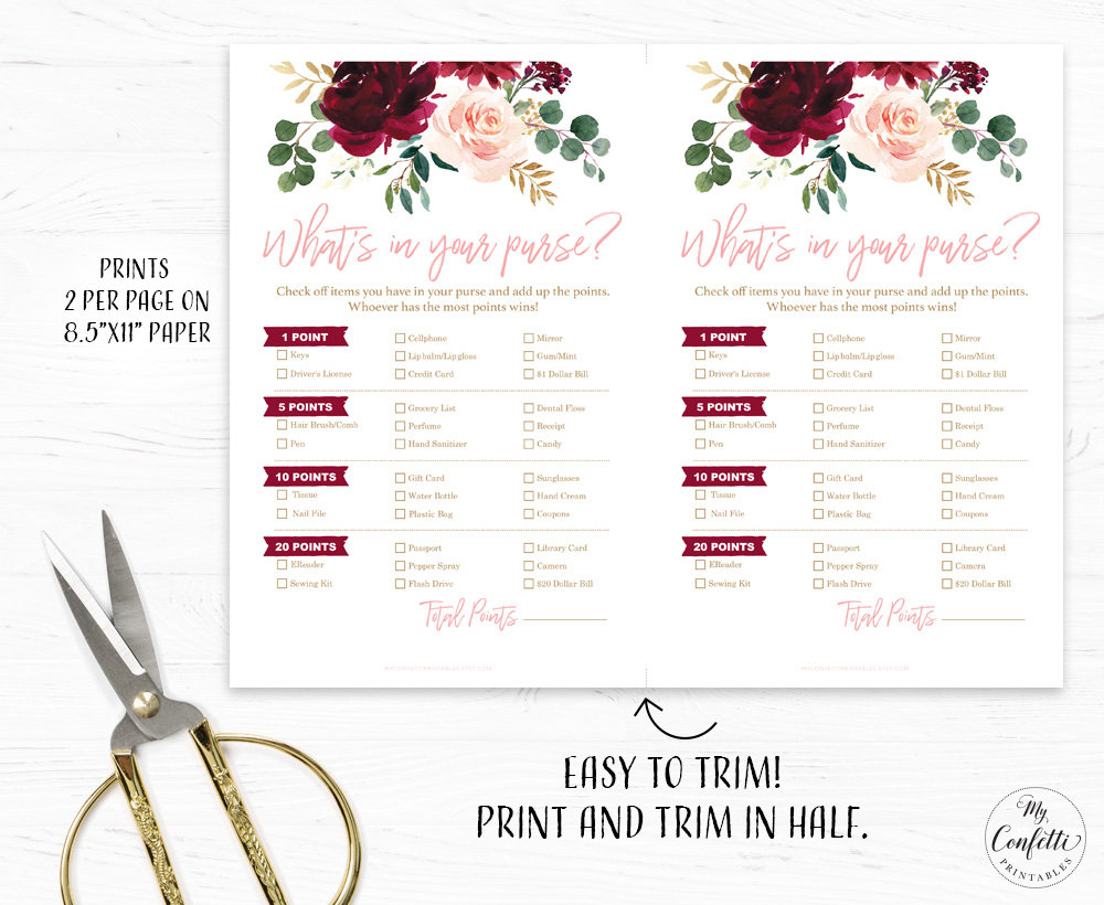 What's in Your Purse Game Baby Shower Game, Pink Burgundy Floral, Boho ...