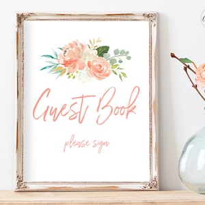 Baby Shower Guest Book Sign, Printable Guest Book Sign, Peach Blush Floral, Gold, Girl Baby Shower, 8x10, MCP808, MCP809, MCP810, MCP811