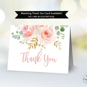 Puede incluir: Una tarjeta de agradecimiento blanca con un dise&ntilde;o floral rosa y detalles dorados. El texto "Gracias" est&aacute; escrito en rosa.