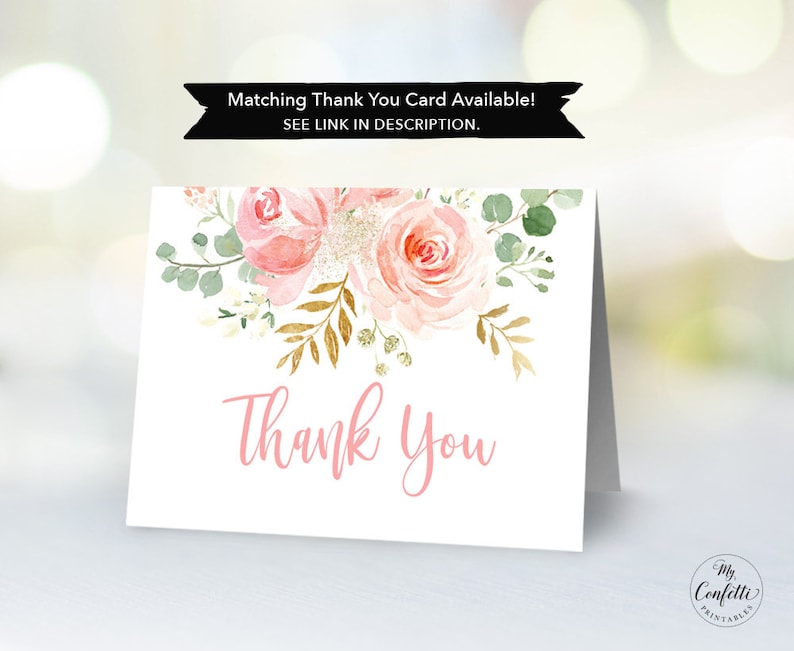 Puede incluir: Una tarjeta de agradecimiento blanca con un dise&ntilde;o floral rosa y detalles dorados. El texto "Gracias" est&aacute; escrito en rosa.