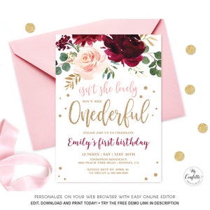 Baby&#39;s First Birthday Party Invitation, Printable Baby 1st Birthday Template, EDITABLE, Pink Burgundy Floral, Onederful, Girl, MCP817, CJB