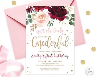 Baby's First Birthday Party Invitation, Printable Baby 1st Birthday Template, EDITABLE, Pink Burgundy Floral, Onederful, Girl, MCP817, CJB