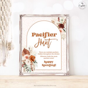 Pacifier Hunt Game Sign, Printable Baby Shower Games, Pampas, Floral, Boho, Retro, Terracotta, Rust, 8x10, Download, MCP112
