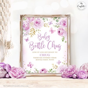 Bottle Chug Game, Printable Baby Shower Game Sign, Lavender, Lilac, Butterflies, Floral, Co-ed Baby Shower Games, Coed, Girl, Boho, MCP104