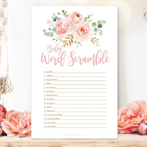 Baby Shower Game, Baby Word Scramble Game, Blush Pink Floral, Gold, Girl Baby Shower Party Games, MCP820