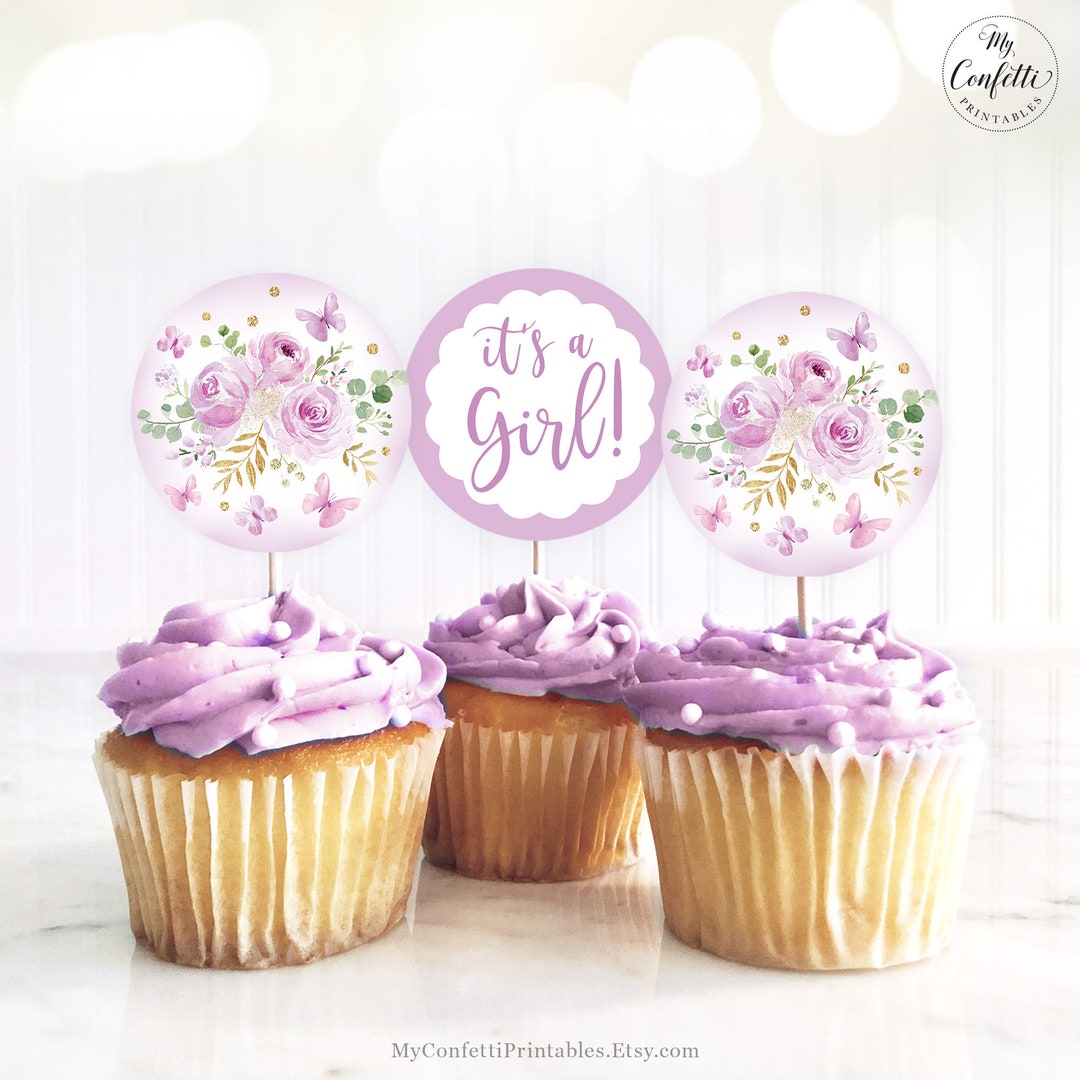 It's a Girl! Editable Baby Shower Cupcake Topper Template, Lavender ...