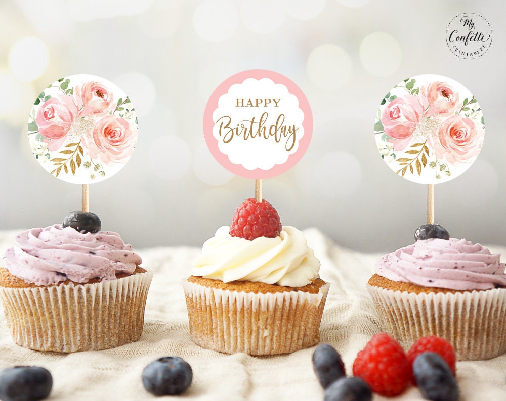 thumbnail image 2 of 30 Pcs Happy Birthday Cake Toppers | Acrylic Flower Cupcake Picks, 6 Styles, 7.4 Inch Tall 2 of 6