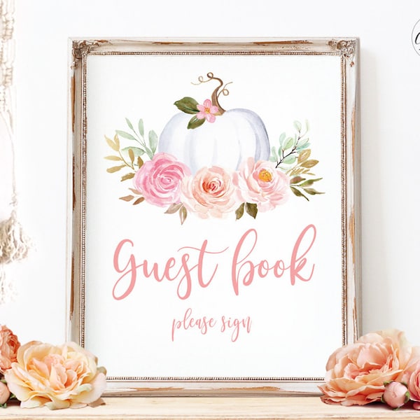 Baby Shower Guest Book Sign, Printable Birthday Party Guest Book Sign, Pumpkin, Fall, Autumn, Girl, Pink, Blush, Boho, 8x10, MCP826, MCP827